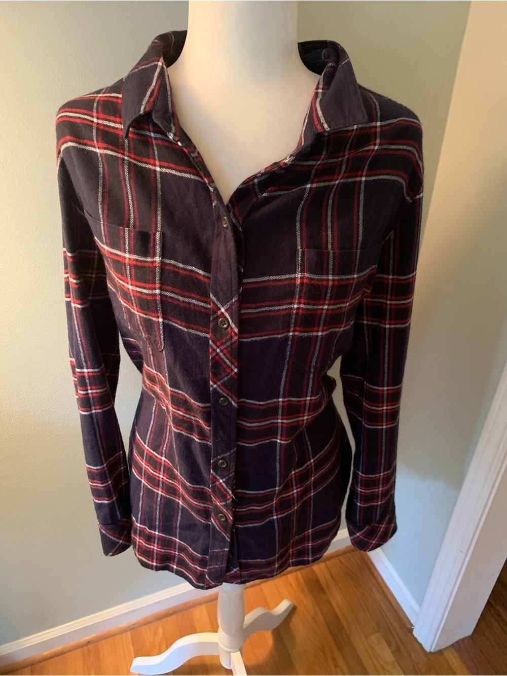 Athleta Navy/ Red Plaid Button-Down Shirt, L